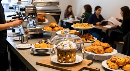 Bakery display with pastries and coffee machine in a cafe with customers at tables inside