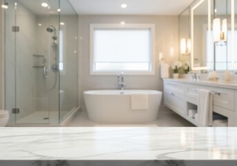 Elegant white marble countertop with blurred modern luxury bathroom background.