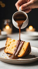Pouring chocolate sauce on panettone on a plate with a candle in the background in a studio shot
