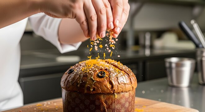Chef sprinkling decorative toppings on a panettone cake in a professional kitchen setting indoors