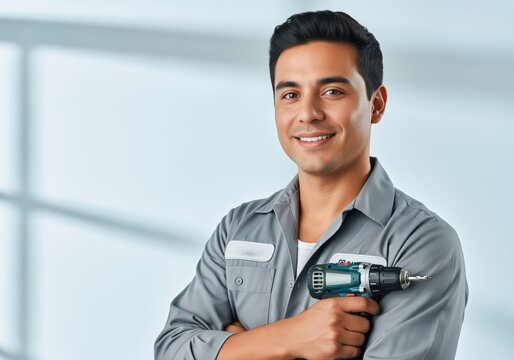 Smiling young hispanic mechanic holding a drill, ready for work and repair service
