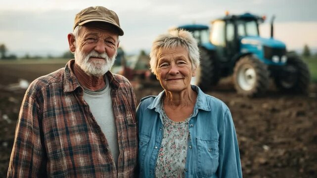 Generative AI. Elderly couple, a man and woman, smiling warmly in a field with a tractor in the background, showcasing the beauty of rural life and agricultural traditions