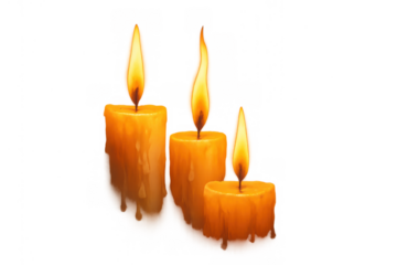 Three burning yellow wax candles melting, creating warm light on a transparent background, vector illustration