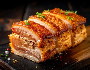 Crispy pork belly roast, sliced and garnished, sits on dark wood