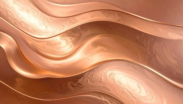 Abstract flowing metallic waves of rose gold with textured details and shimmering light creating a sense of luxury and movement