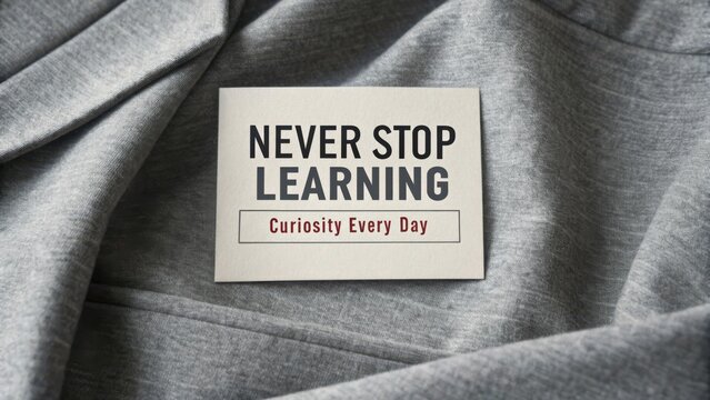 Inspirational Message Card on Gray Fabric Encouraging Continuous Learning and Daily Curiosity for Personal Growth