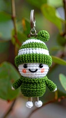 Crochet doll with green/white striped hat, simple face, & tiny limbs against leafy background