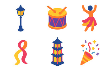 Fototapeta premium Festive Lantern Icons. Festive Lantern Parade flat icons set. street lamp, drum, dancer, ribbon, lantern tower, confetti