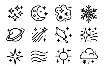 Frozen Galaxy Icons. Frozen Galaxy Icons linear icon set. star cluster, glowing moon, icy dust, snowflake, planet ring, frost beam, constellation, shimmer trail, bright star, mist