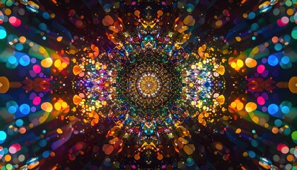 Abstract Kaleidoscopic Explosion of Vibrant Bokeh Lights and Glittering Particles in a Symmetrical Pattern