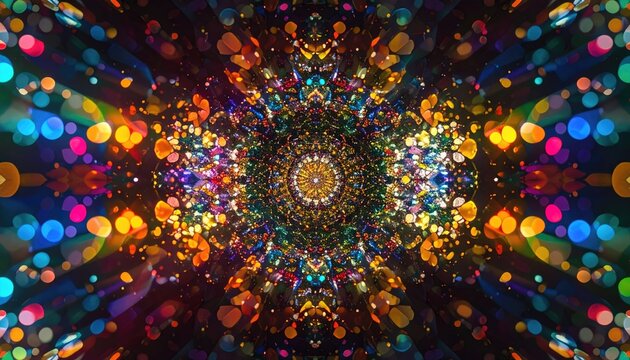 Abstract Kaleidoscopic Explosion of Vibrant Bokeh Lights and Glittering Particles in a Symmetrical Pattern - Powered by Adobe