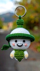 Crocheted doll keychain with smiling face & green trim, hanging on metal ring; blurred background