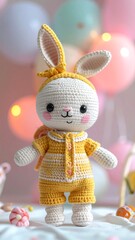 Crocheted toy bunny in yellow romper stands amidst pastel balloons, a sweet scene