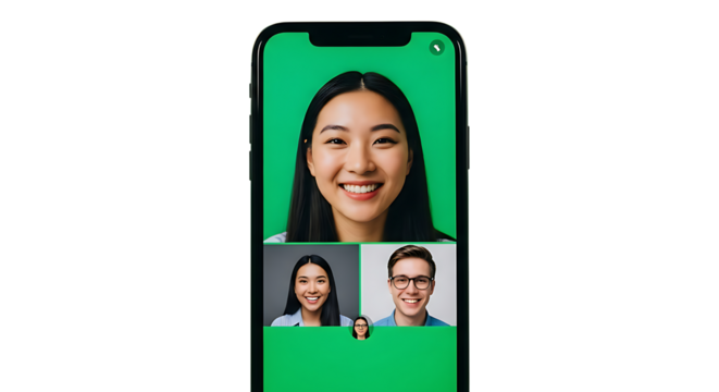 Smiling diverse group on a video call using a mobile device showing team collaboration and virtual connection in a digital age