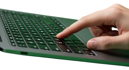Finger presses key on modern green keyboard for efficiency in a digital workspace, showcasing the latest technology for seamless workflow