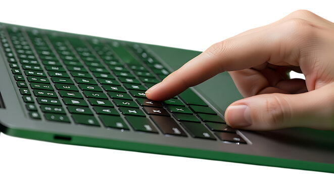 Finger presses key on modern green keyboard for efficiency in a digital workspace, showcasing the latest technology for seamless workflow