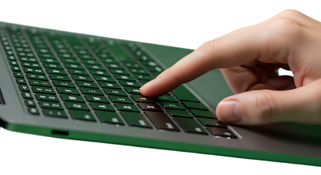 Finger presses key on modern green keyboard for efficiency in a digital workspace, showcasing the latest technology for seamless workflow