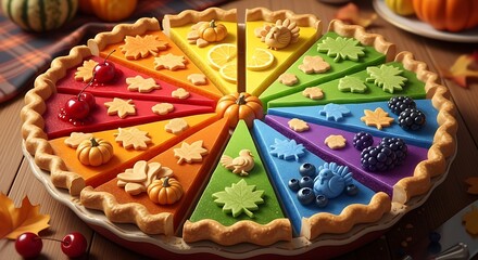 Fototapeta premium Colorful thanksgiving pie with rainbow slices and autumn decorations for a festive holiday dessert