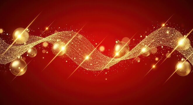 Elegant christmas background with golden baubles and glittering wave design on red