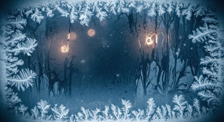 A captivating winter scene through a frosty window adorned with intricate ice patterns displays