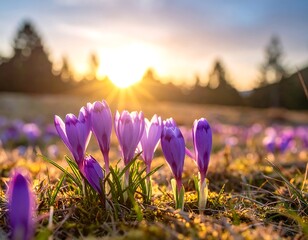 Crocuses in a sunlit meadow with soft focus trees on a distant hillside