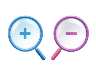 Flat Vector Zoom In and Zoom Out Icons with Magnifying Glass, Isolated on Transparent Background
