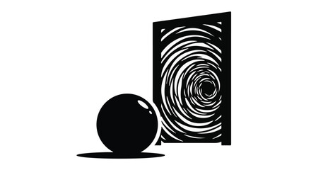 Abstract black sphere and swirling patterned panel against white background