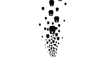 A cascade of black paper lanterns float upwards against a clean white background.