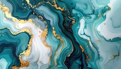Abstract Teal And Gold Marble Texture With Swirling Patterns And Glitter Accents Creating A Luxurious Fluid Effect