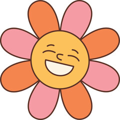 Retro Flower Face Cartoon Illustration With Pink and Orange Petals and Yellow Center Smiling Joyfully on Transparent Background