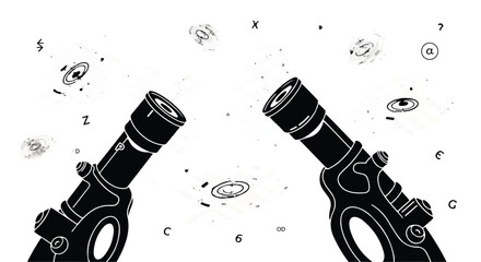 Two telescopes pointed towards a starry sky filled with galaxies and mathematical symbols