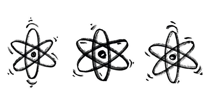 Set of hand drawn atom sign Molecule clipart in doodle style Symbol of science, education, nuclear energy, scientific research, molecular chemistry Single element for print, web, design