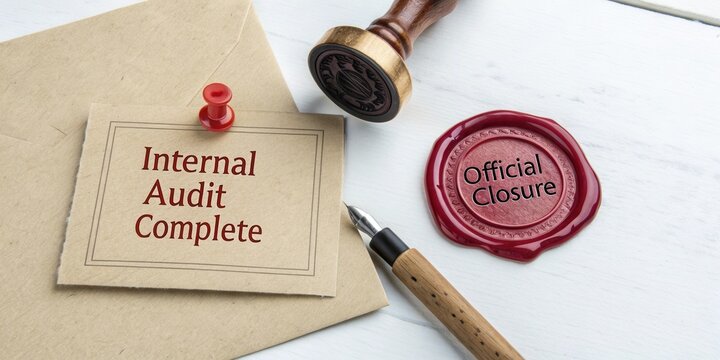 Internal audit complete seal and official closure stamp on envelope with pen, demonstrating completion of auditing process - Powered by Adobe