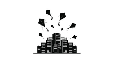 A vibrant collection of black kites soaring joyfully above a stylized cityscape.