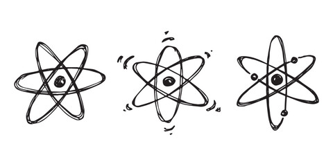 Set of hand drawn atom sign Molecule clipart in doodle style Symbol of science, education, nuclear energy, scientific research, molecular chemistry Single element for print, web, design