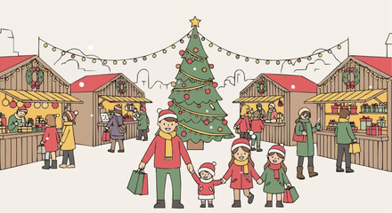 A festive illustration of a family enjoying the Christmas market.