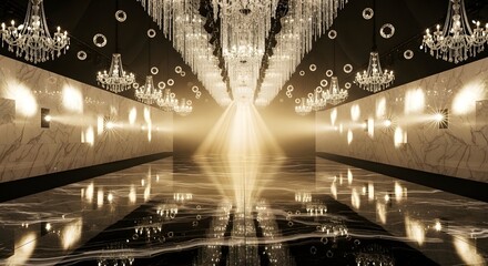 Luxurious grand hallway with crystal chandeliers and reflective floor for fashion show event program background.
