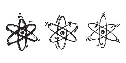 Set of hand drawn atom sign Molecule clipart in doodle style Symbol of science, education, nuclear energy, scientific research, molecular chemistry Single element for print, web, design