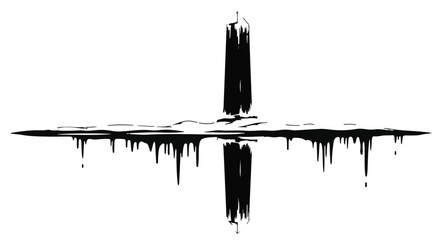 Abstract black ink cross shape with dripping effect on white background