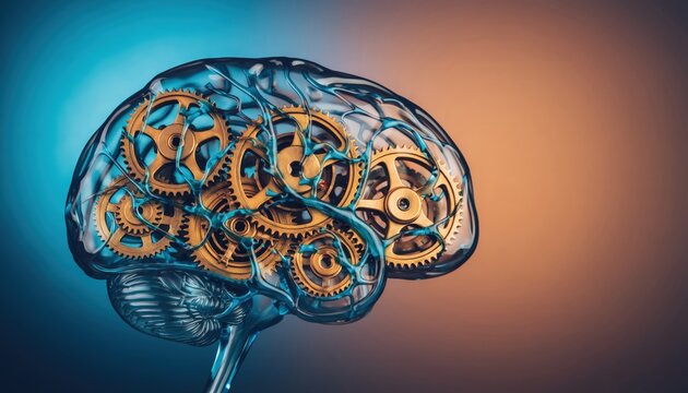 A stylized translucent human brain with golden gears inside representing complex thought and artificial intelligence concepts - Powered by Adobe