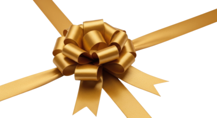 Gold ribbon bow with tails transparent background cutout png