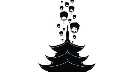 Silhouetted pagoda adorned with a cascade of floating lanterns against a stark background.