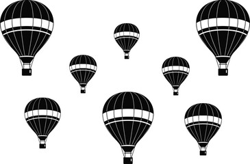 Obraz premium Black and white vector illustration pattern of multiple hot air balloon silhouettes flying, symbolizing travel, adventure, freedom, lightness, and exploration concepts.