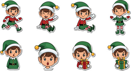 Cute Christmas Elf Sticker Set with Various Poses and Expressions

A collection of 8 adorable cartoon stickers featuring a Christmas elf character in different holiday costumes and actions. Poses incl