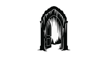 Mysterious gothic doorway opening to a dark, shadowy forest