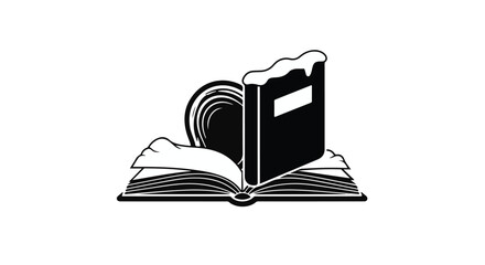 Open book with a closed book and a circular object on a white background, symbolizing knowledge and learning.