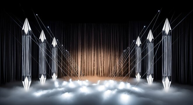 Dramatic stage lighting illuminates a dark theater with shimmering curtains and reflective floor. Fashion show event program background.