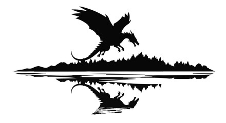 Mysterious dragon soaring over a dark forest and reflecting in calm water