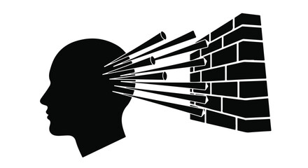 Symbolic silhouette of a head facing mental block, with sharp objects penetrating a brick wall representing obstacles to progress and thought.