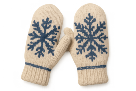 White knitted wool mittens with blue snowflake design, representing winter warmth, isolated on transparent background